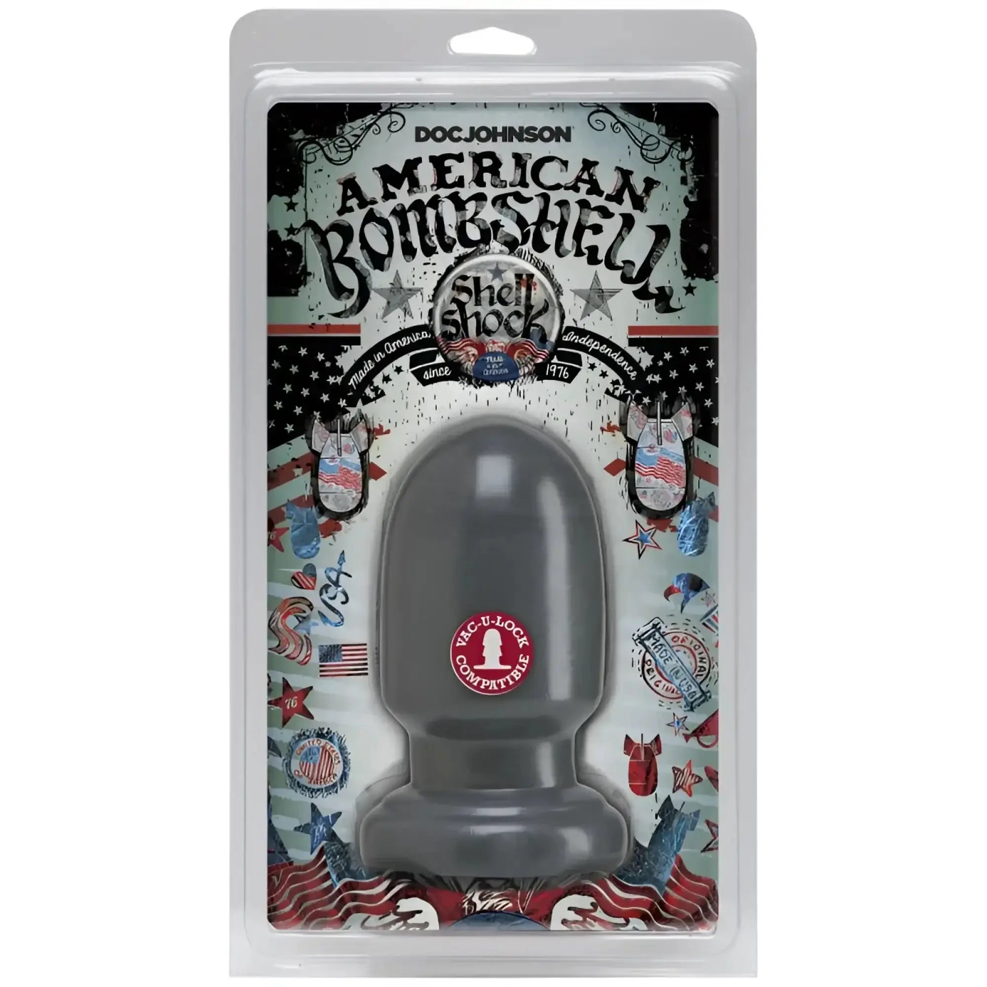 Gray silicone american bombshell shell shock small anal plug by doc johnson in gunmetal color shown from the back side