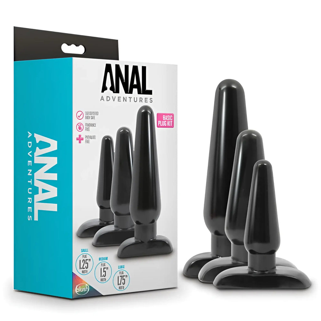 Anal Adventures 3 pc basic plug kit black features three sizes of black plastic anal plugs with branded packaging