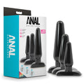Anal Adventures 3 pc basic plug kit black features three sizes of black plastic anal plugs with branded packaging