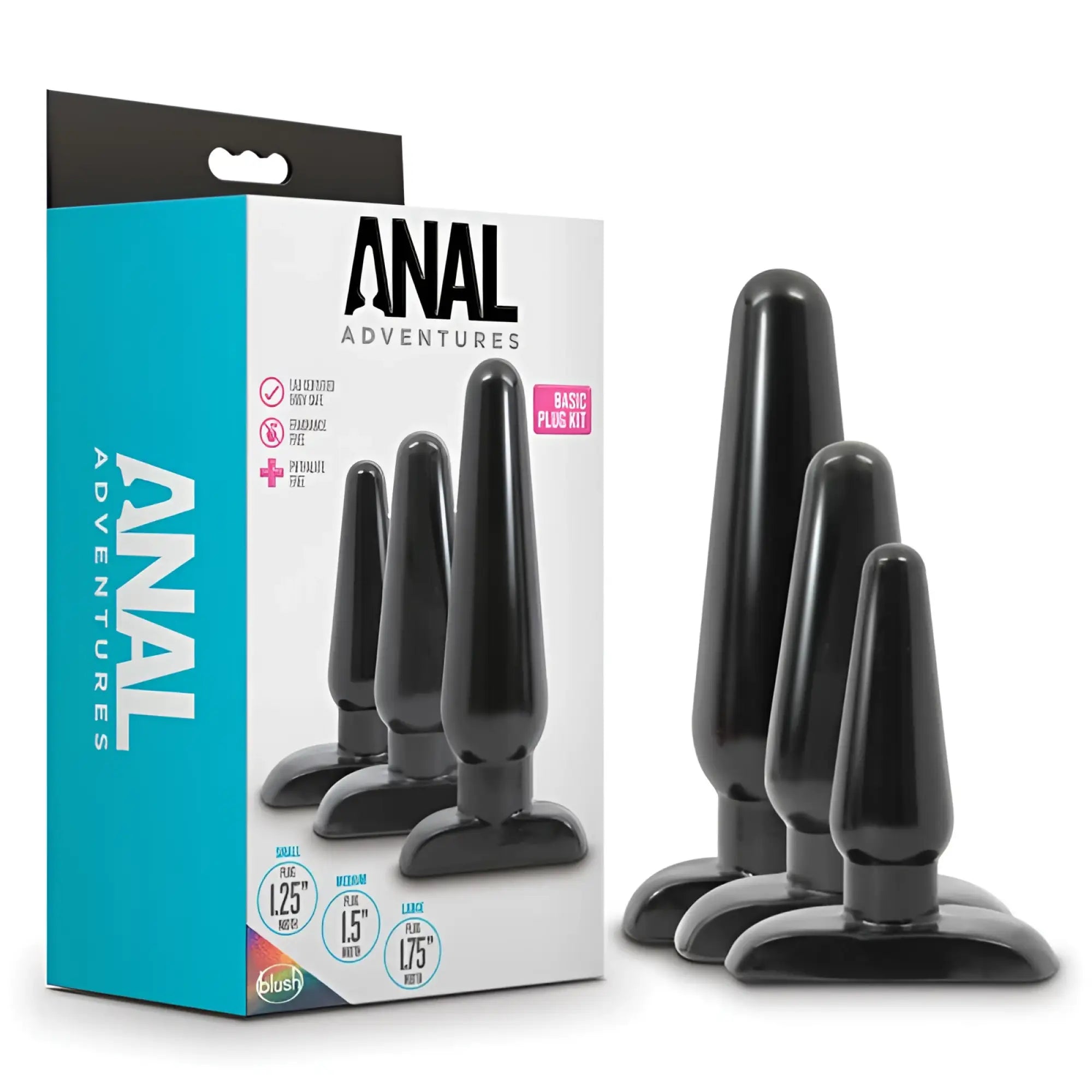 Anal Adventures 3 pc basic plug kit black features three sizes of black plastic anal plugs with branded packaging