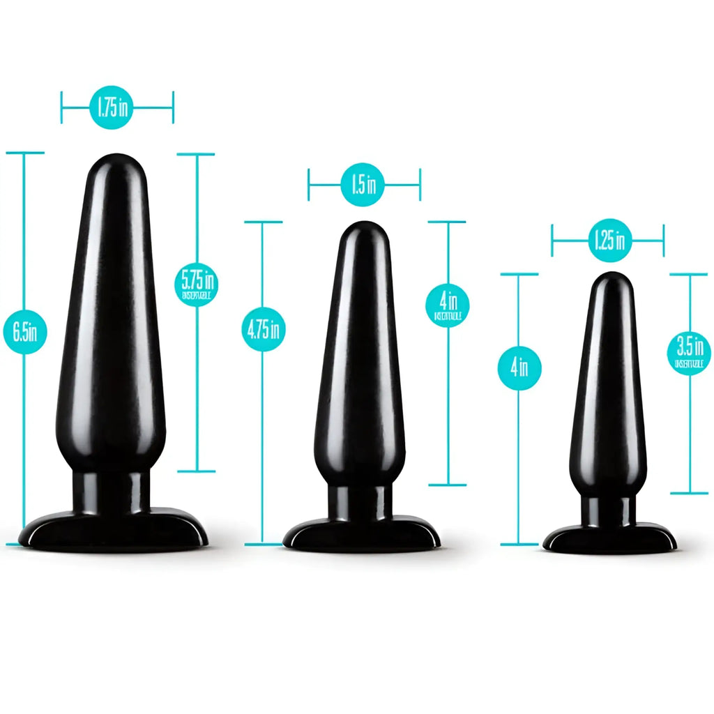 Set of three black silicone anal plugs with flared bases and tapered tips from anal adventures 3 pc basic plug kit