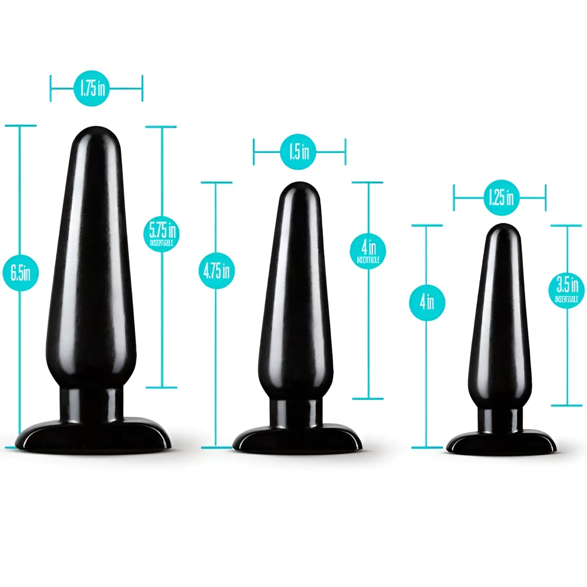 Set of three black silicone anal plugs with flared bases and tapered tips from anal adventures 3 pc basic plug kit