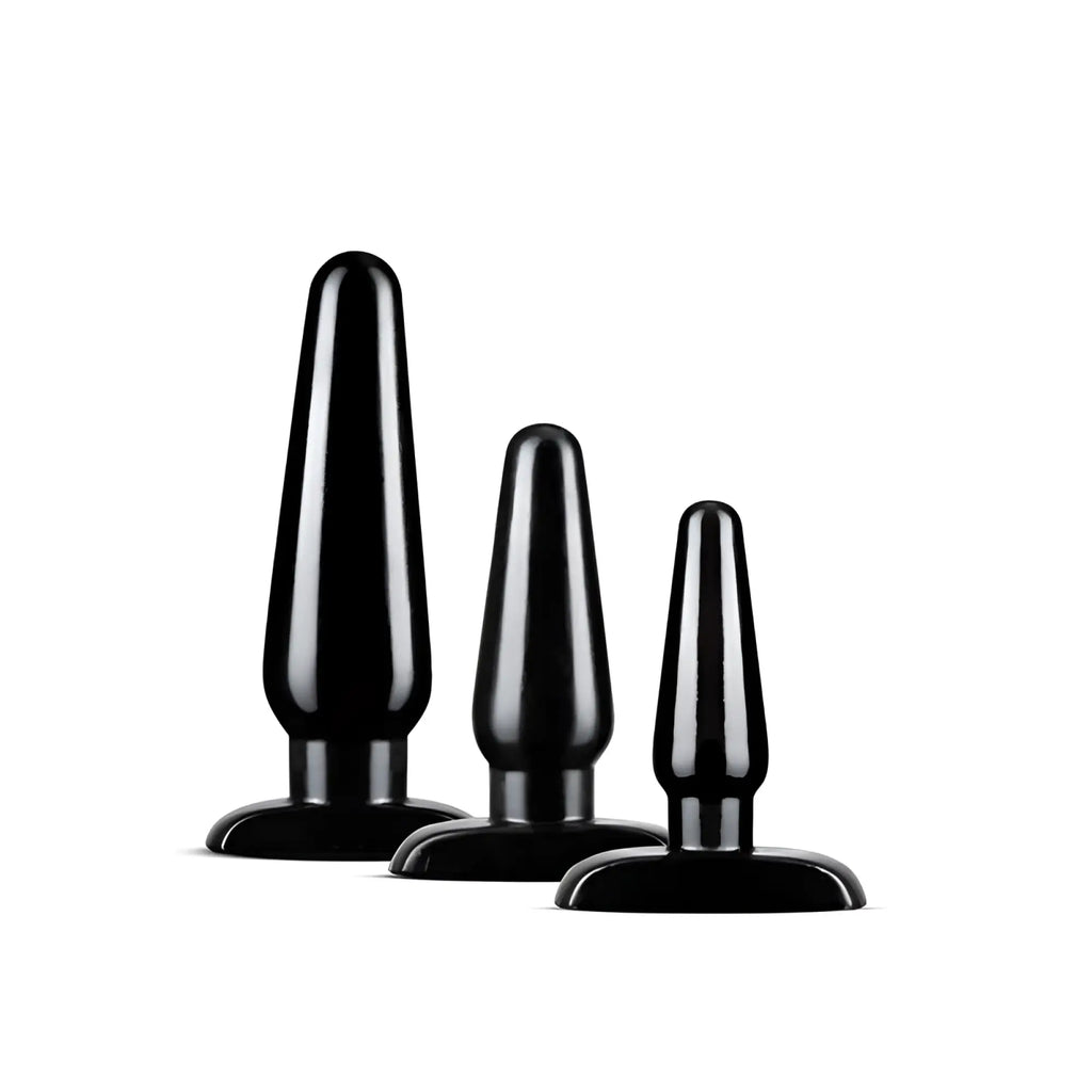 Set of three black silicone anal plugs with tapered designs and rounded bases from Anal Adventures 3 Pc Basic Plug Kit