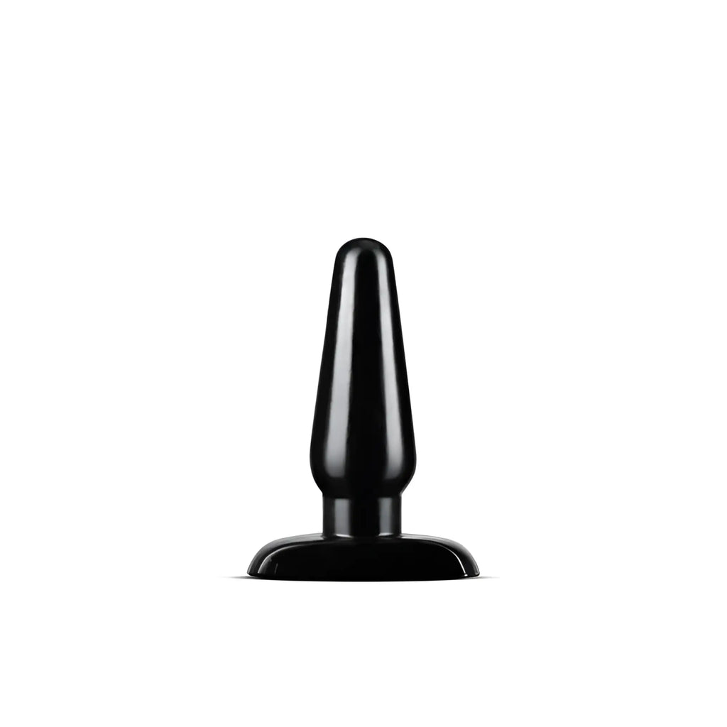 Black plastic anal plug medium with smooth tapered design and rounded base from anal adventures basic series