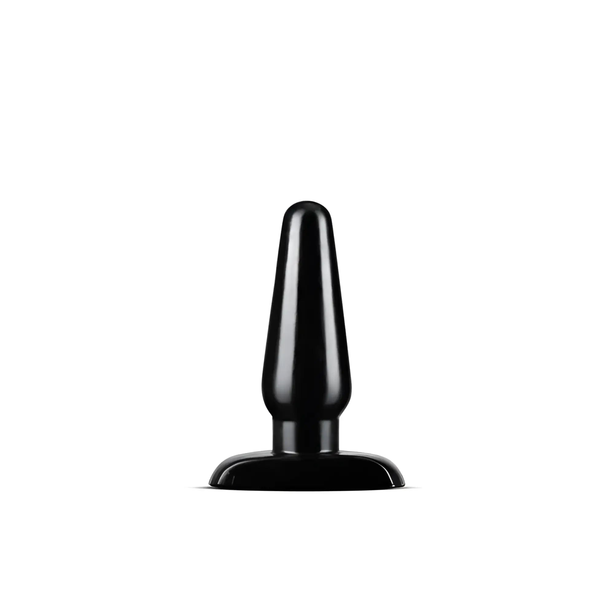 Black plastic anal plug medium with smooth tapered design and rounded base from anal adventures basic series