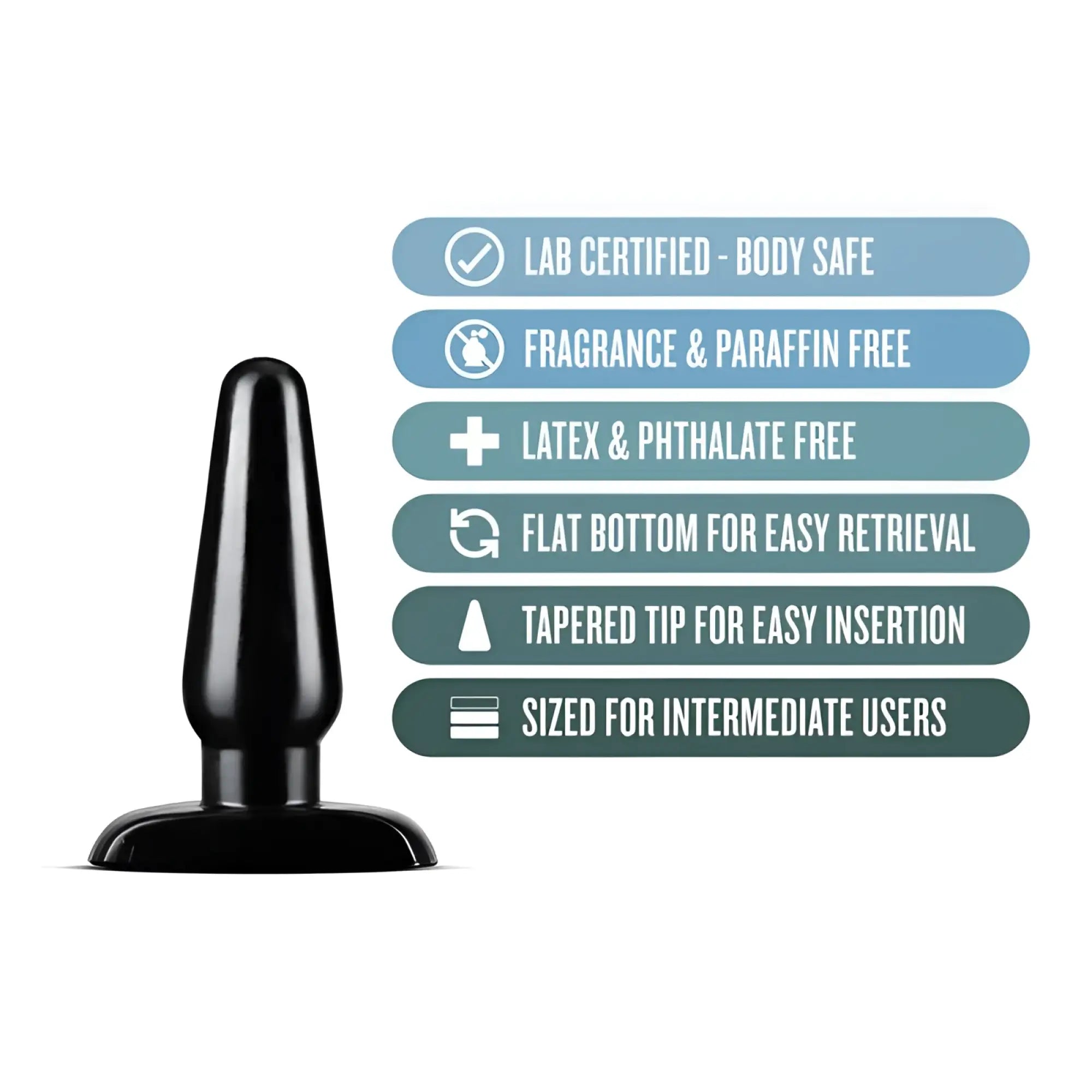 Black smooth-surfaced anal plug with tapered tip and flat base from anal adventures basic medium m collection