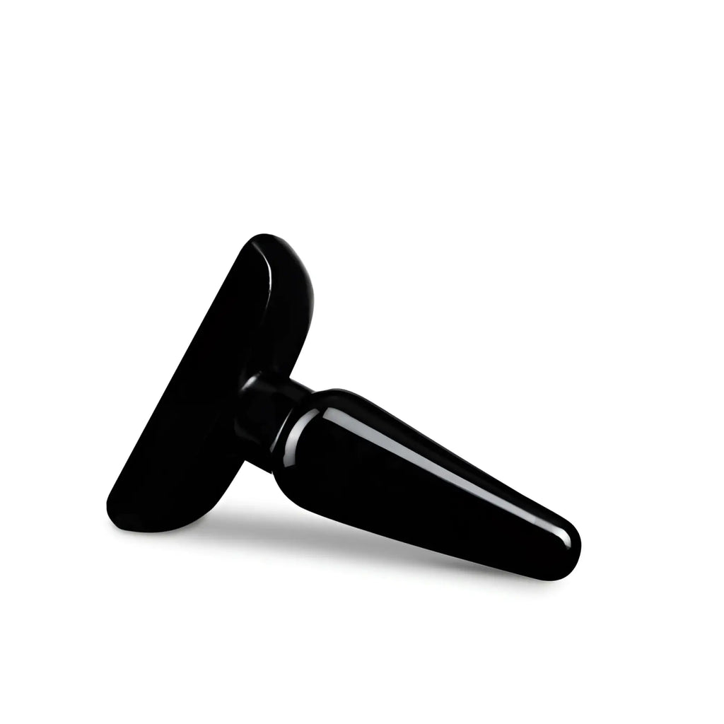 Black glossy plastic anal plug with t-shaped handle from anal adventures basic anal plug small m collection