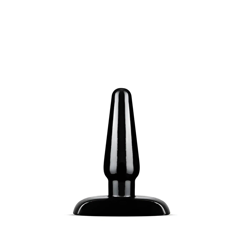 Black silicone anal plug with smooth tapered design and rounded base from anal adventures basic small m