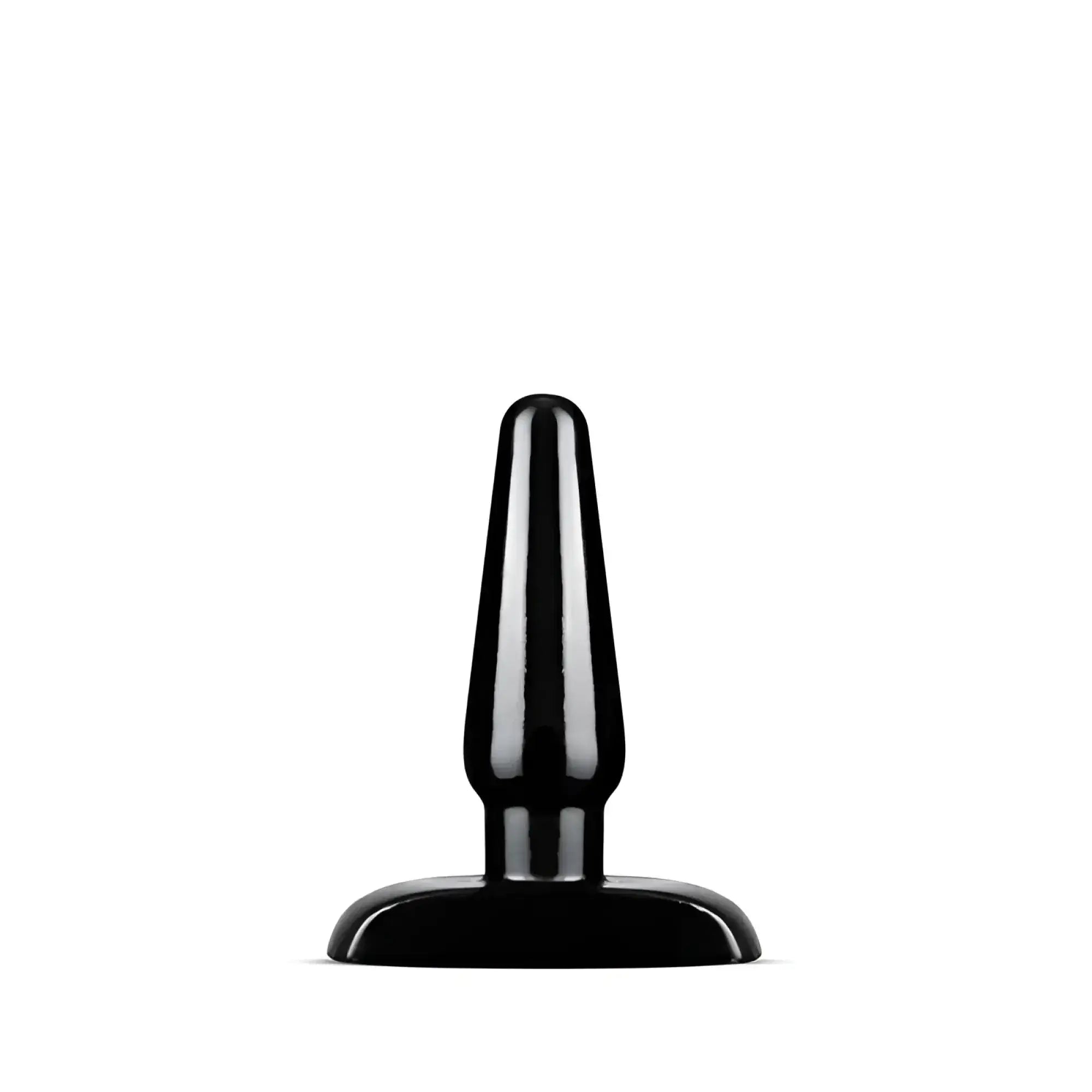 Black silicone anal plug with smooth tapered design and rounded base from anal adventures basic small m