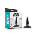 Black plastic blush basic small anal plug with flat base and tapered tip for anal adventures use in packaging