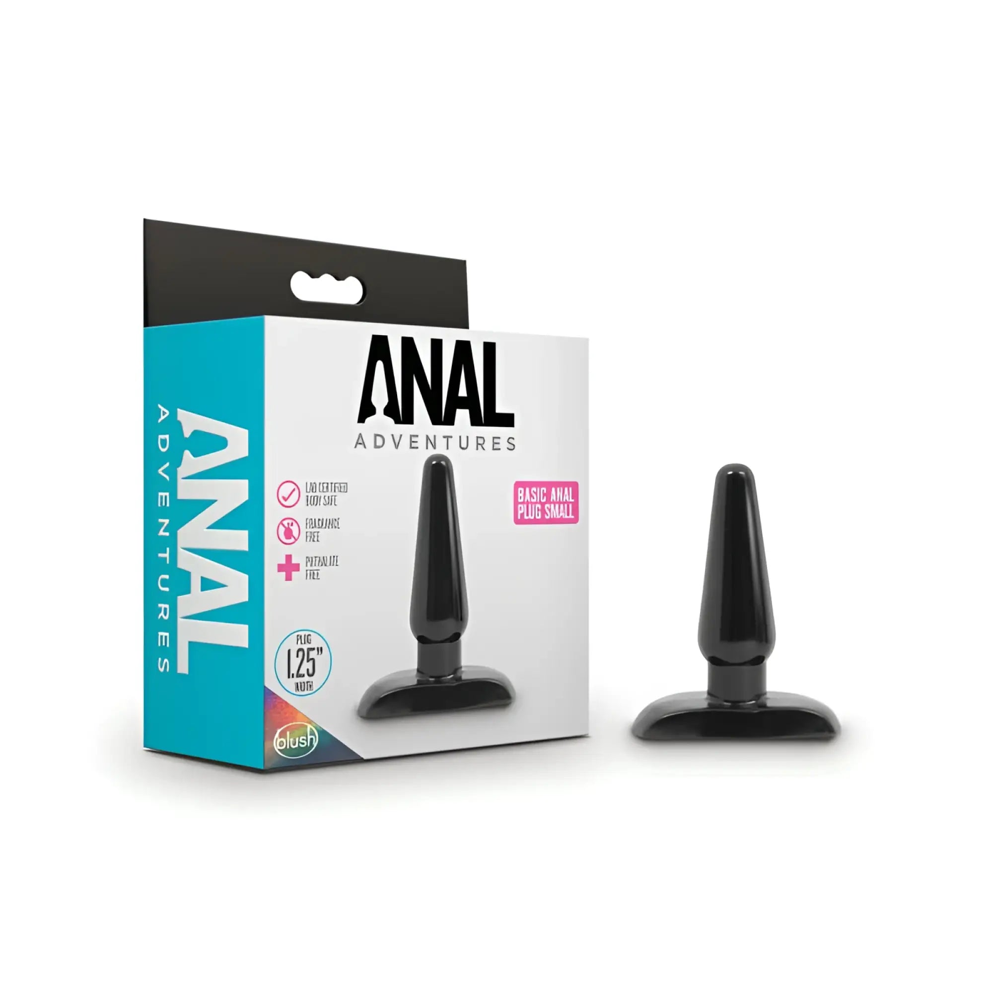 Black plastic blush basic small anal plug with flat base and tapered tip for anal adventures use in packaging