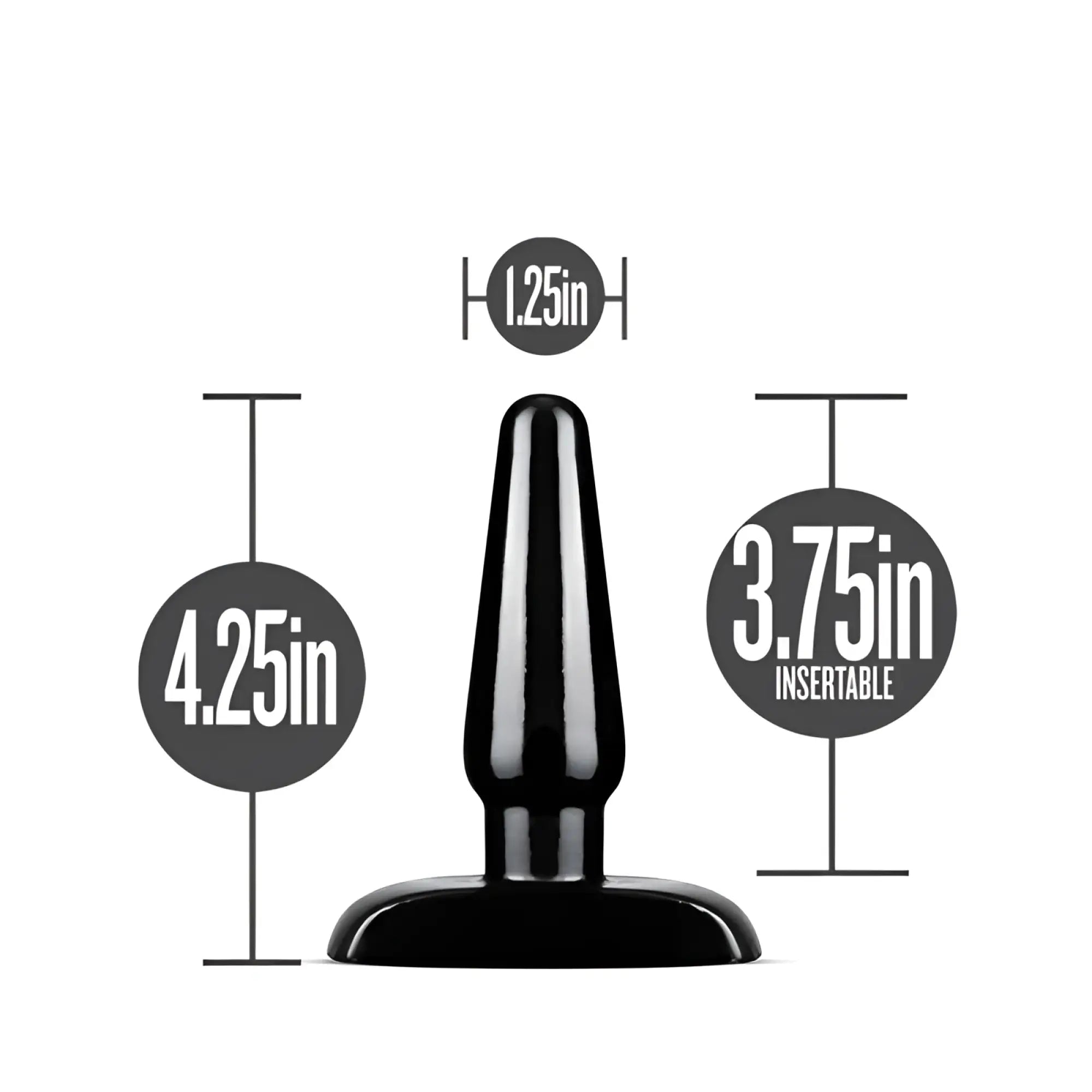 Black silicone anal plug with rounded base and tapered tip, 4.25 inches long from Anal Adventures Basic Small M