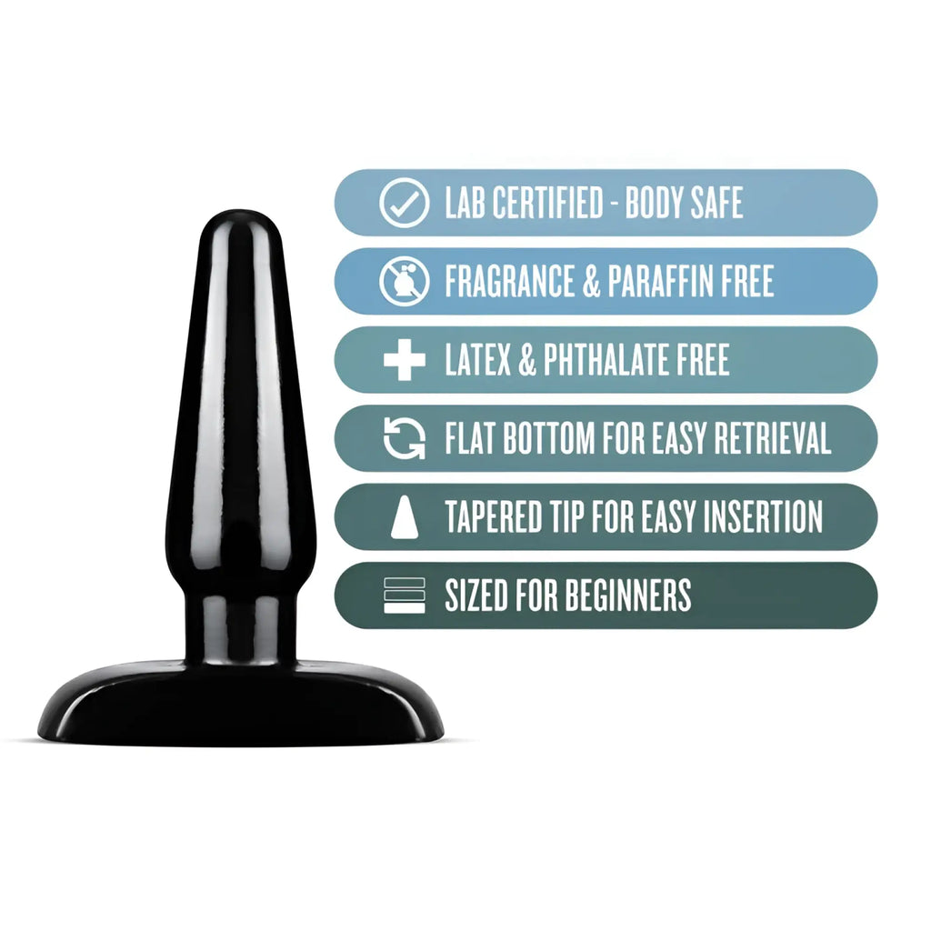 Black smooth silicone anal plug with flat base and tapered tip from anal adventures basic anal plug small m