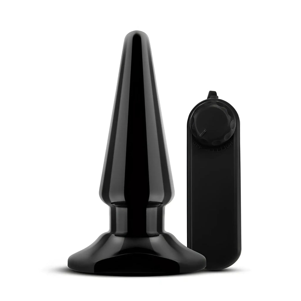 Black glossy plastic anal plug with matching remote control from anal adventures basic vibrating anal pleaser