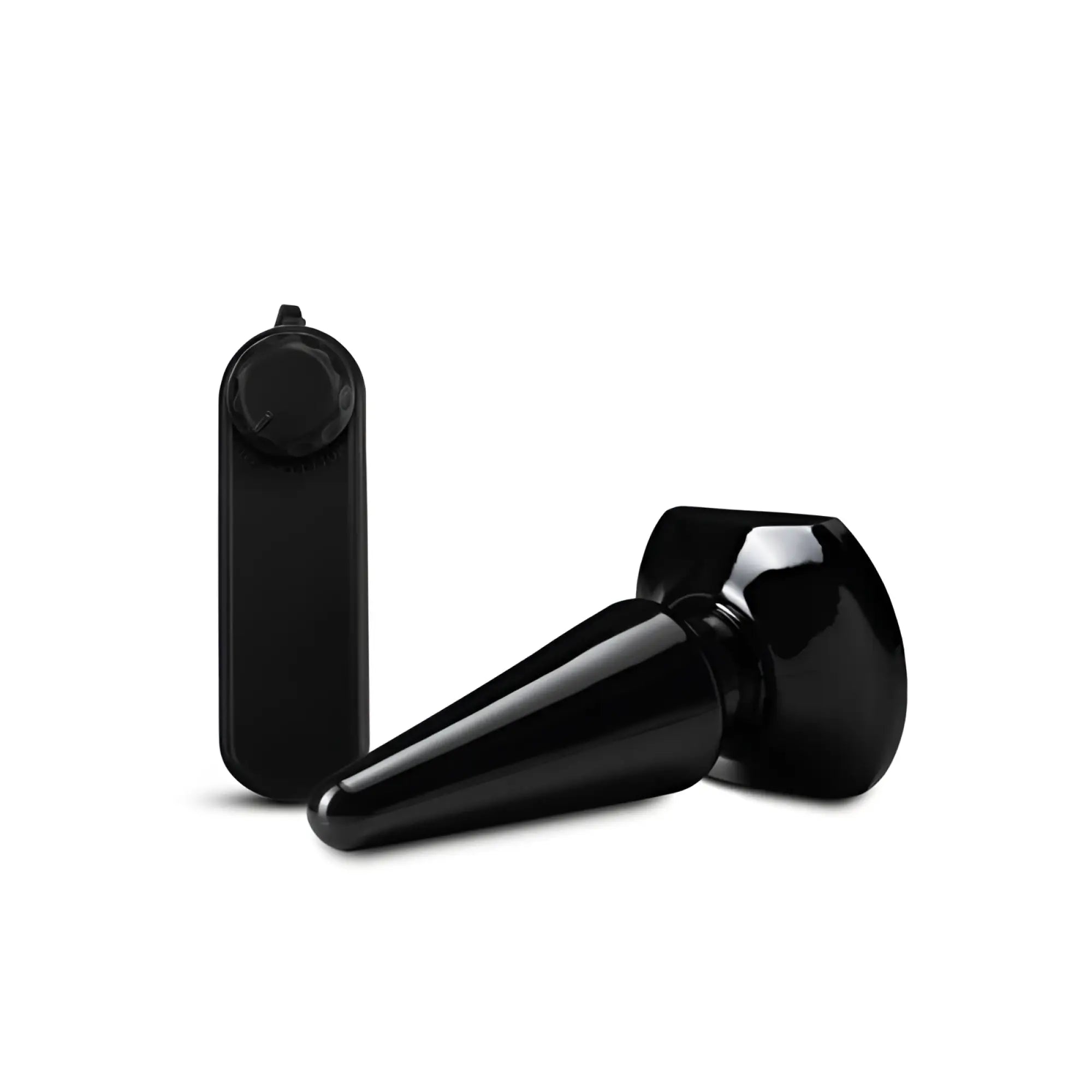 Black glossy plastic anal plug with rounded base and tapered tip for anal pleasures from anal adventures basic vibrating series