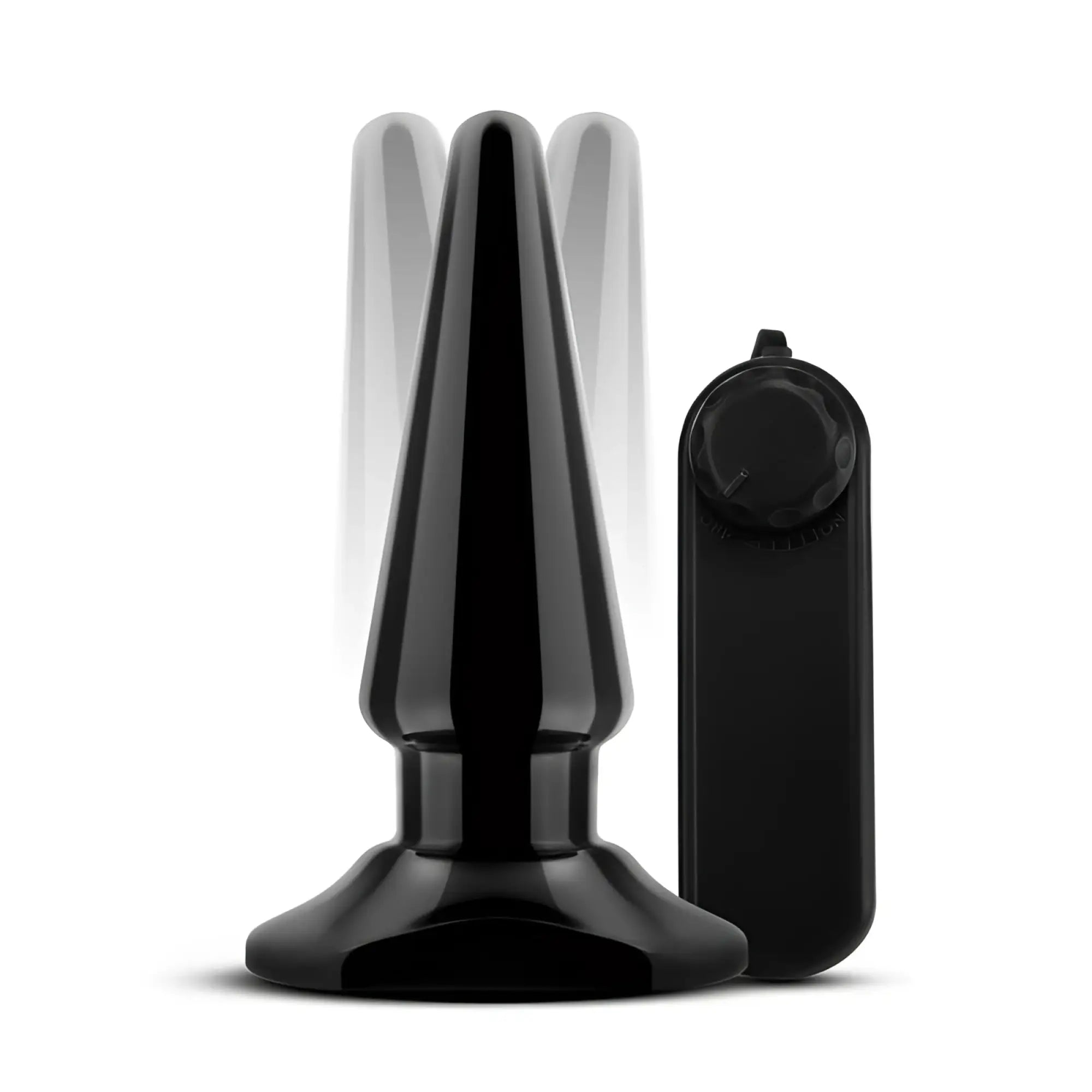 Black silicone anal plug with sleek tapered design and matching remote control from anal adventures basic vibrating anal pleaser