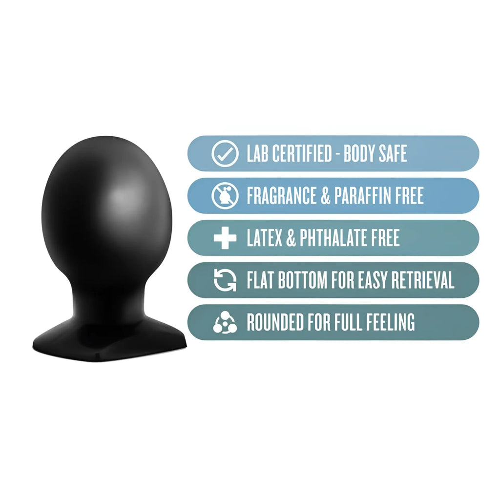 Black smooth body-safe anal orb plug with rounded shape and flat base for easy retrieval from Anal Adventures
