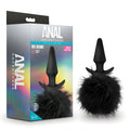 Black silicone Anal Adventures Platinum rabbit tail plug with fluffy black pom-pom base shown from the back side