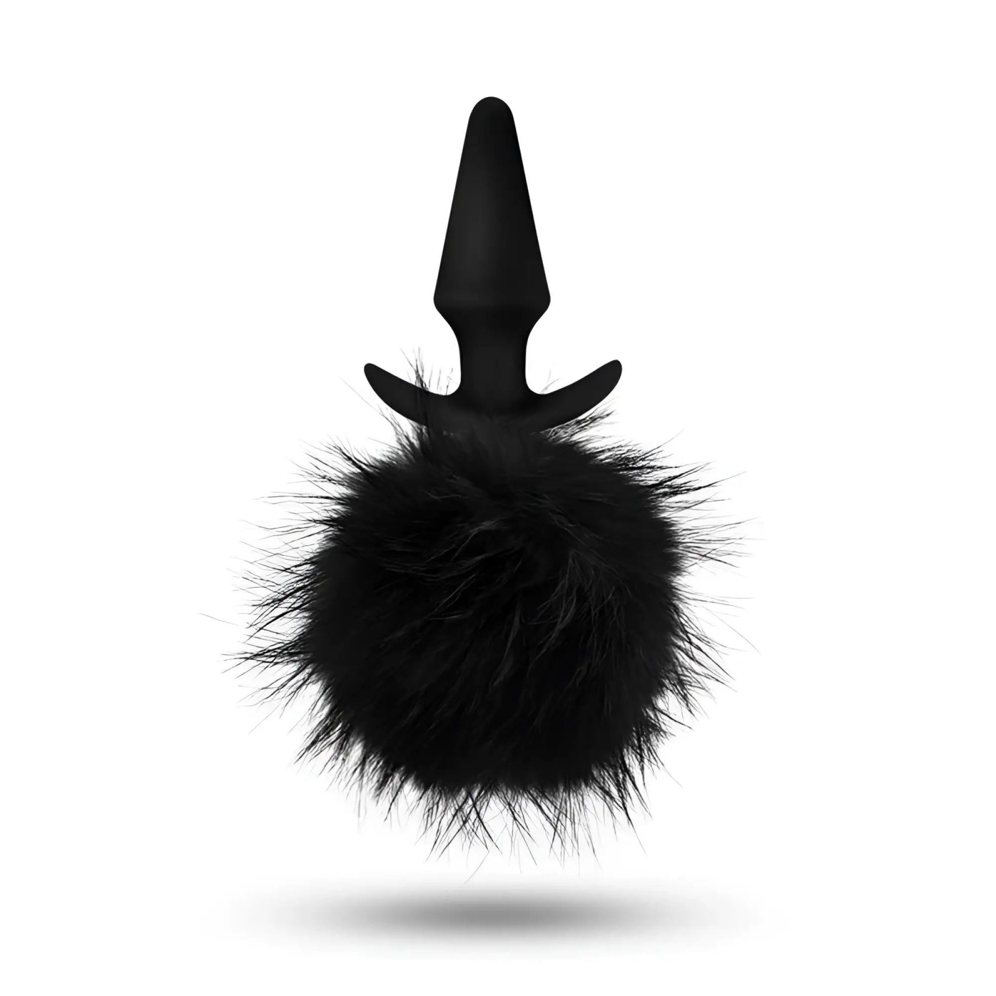 Black silicone Anal Adventures platinum rabbit tail plug with fluffy black faux fur pom-pom at the base