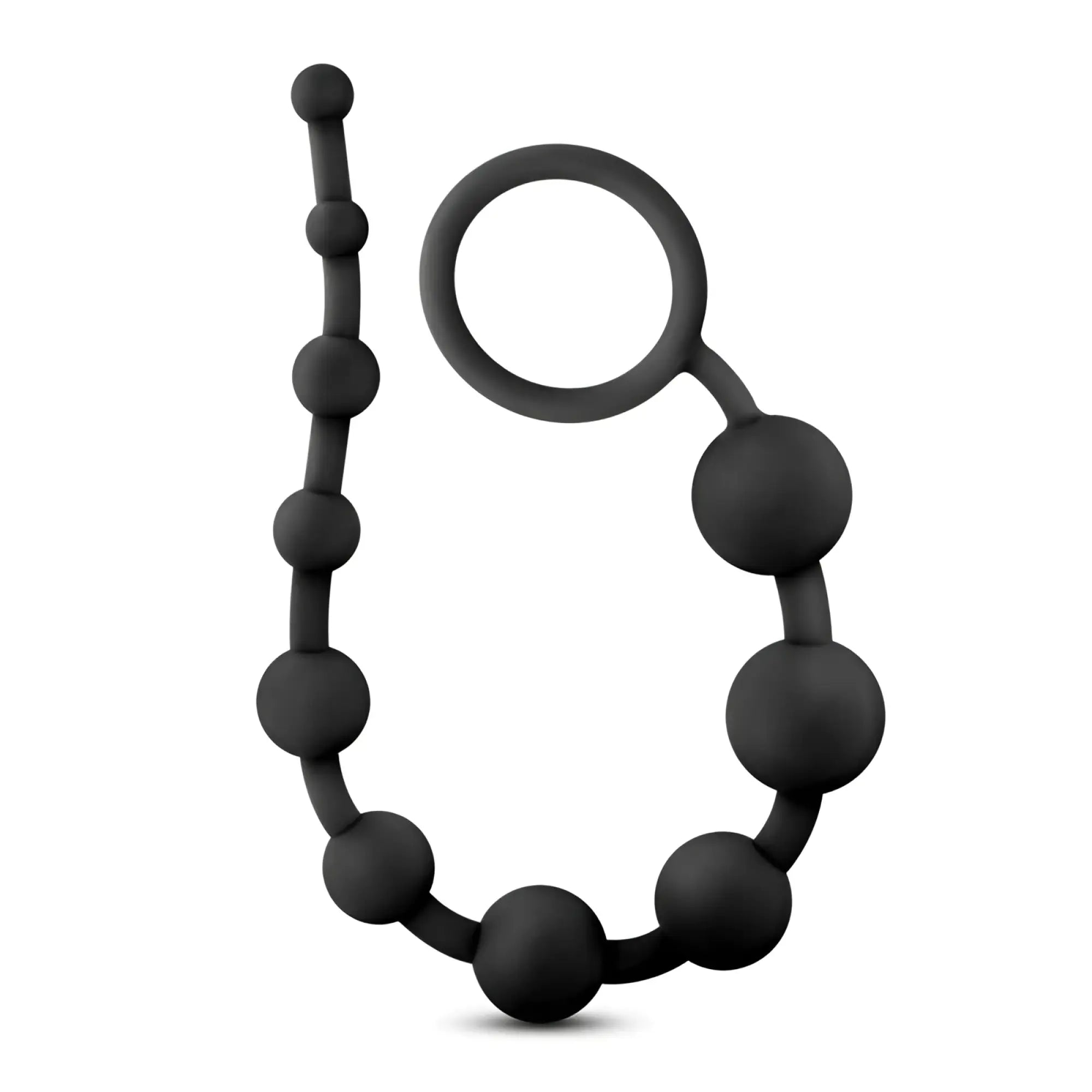 Black silicone anal ball chain with ten beads and a circular ring end from anal adventures platinum silicone series