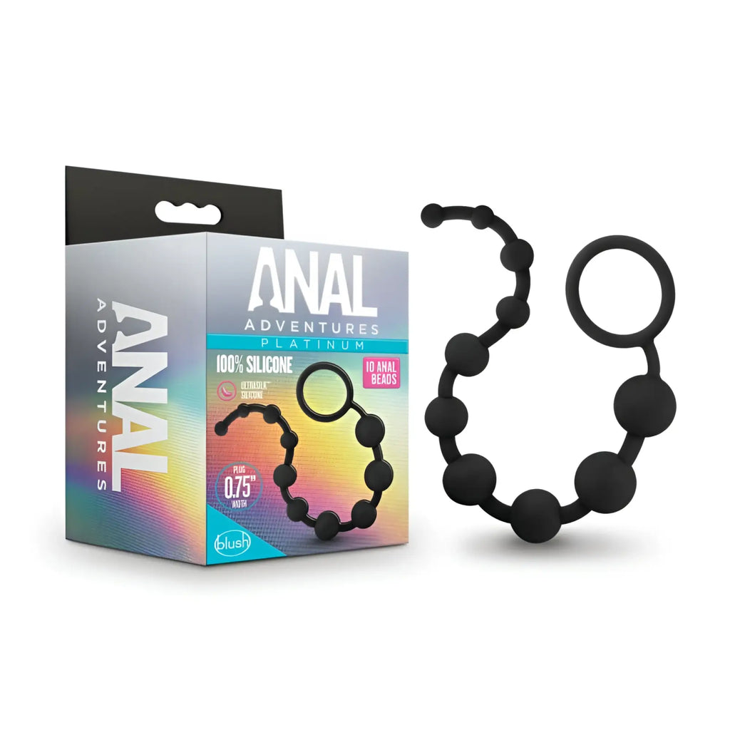 Black blush platinum silicone anal bead train with 10 beads 0.75 inch width and ring for anal adventures use