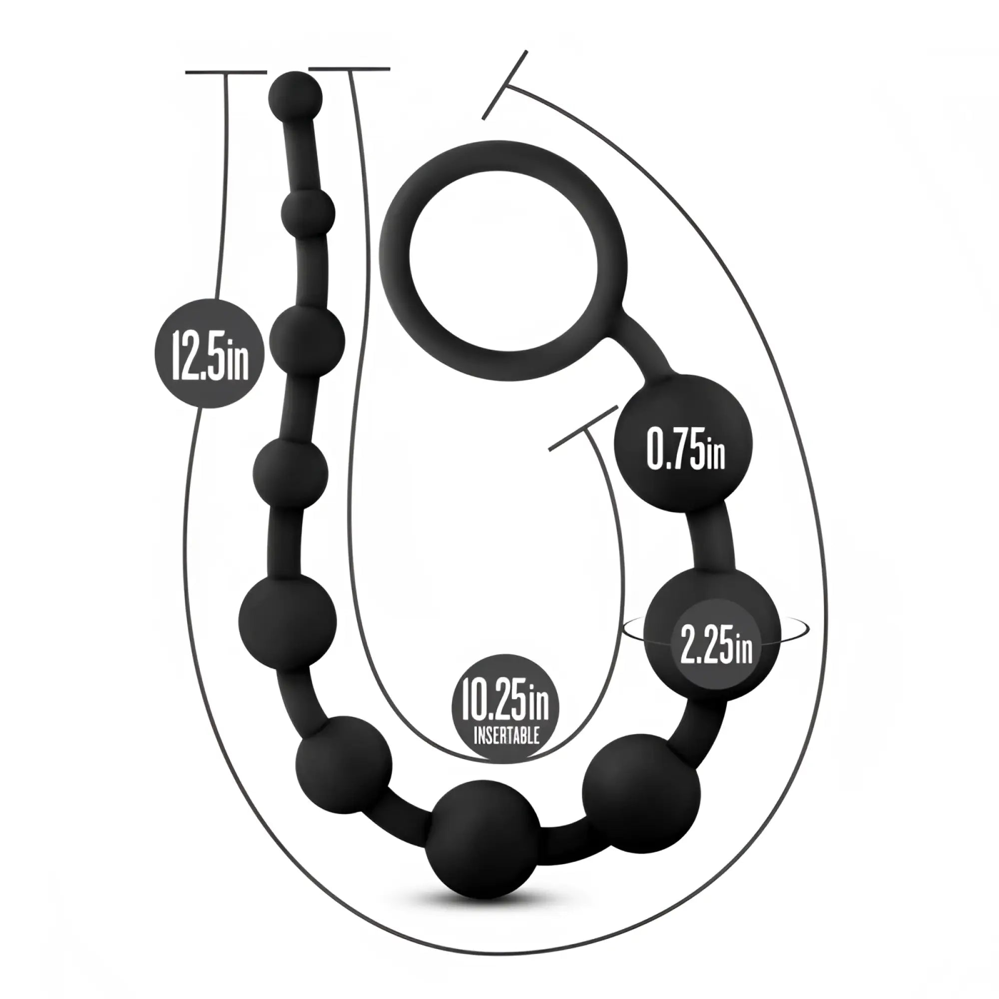 Black silicone anal beads with ring featuring 10 varying sized spheres from anal adventures platinum silicone line