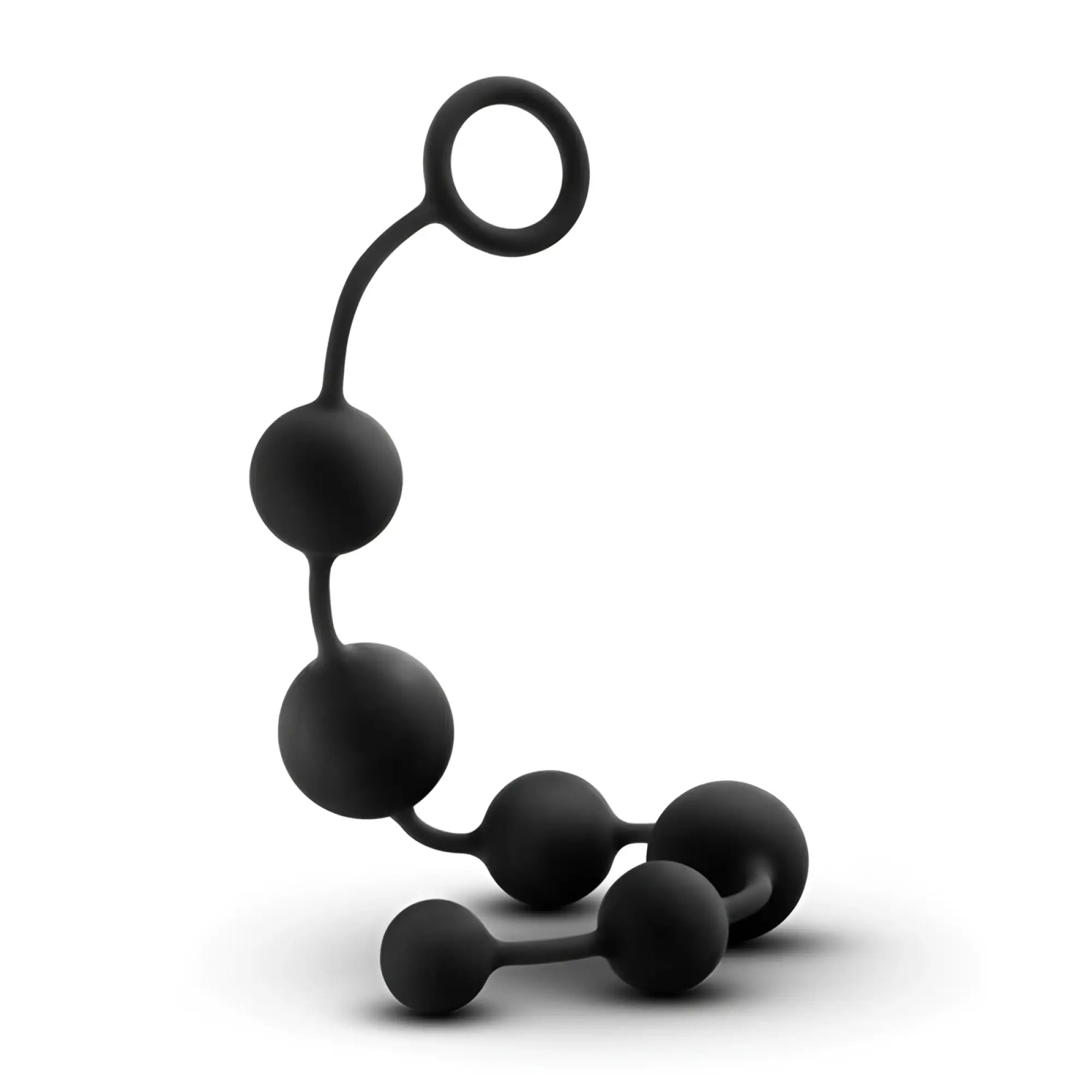 Black silicone anal beads with looped handle featuring multiple large spherical beads by anal adventures platinum