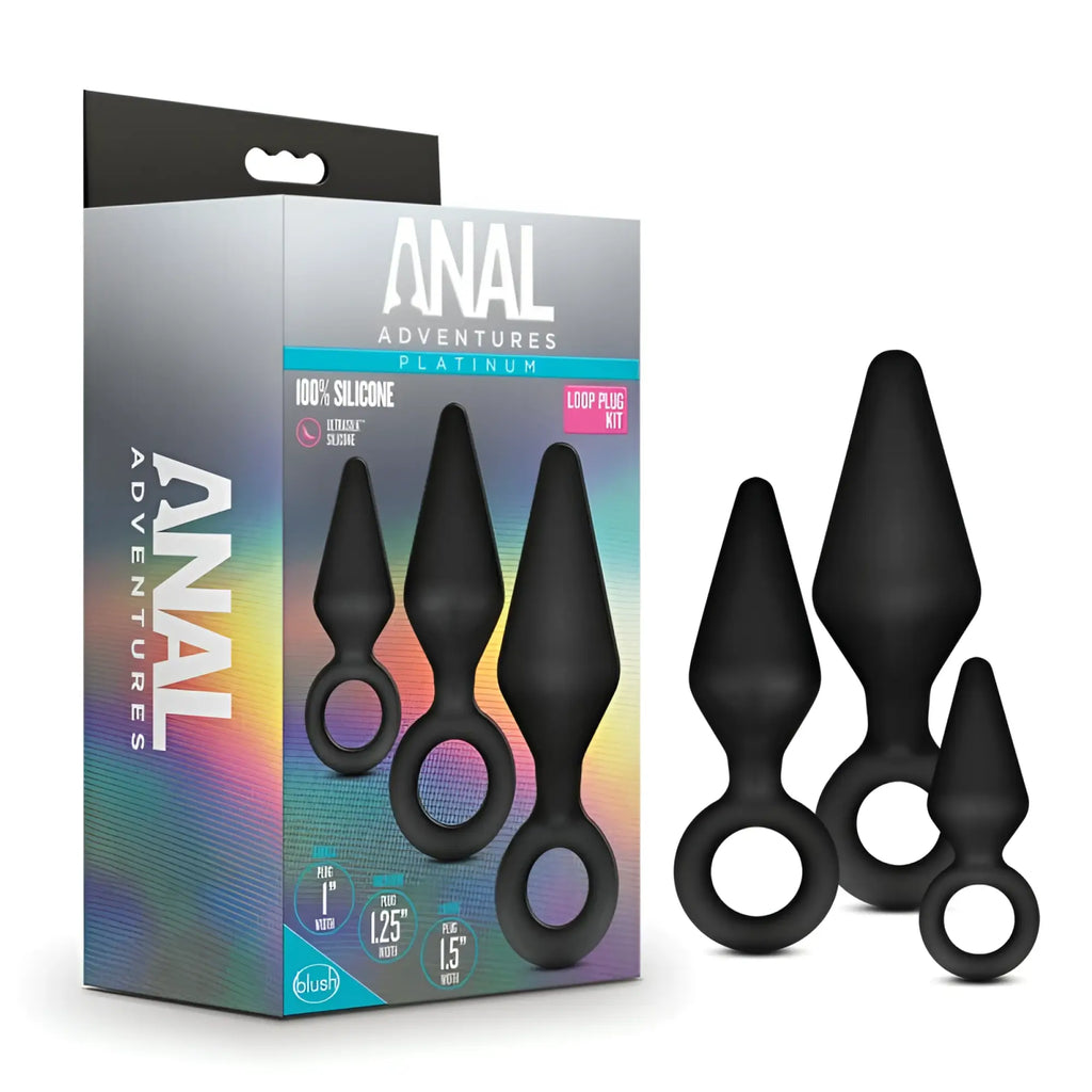 Anal adventures platinum silicone loop plug kit with three black silicone tapered tip plugs in varying sizes