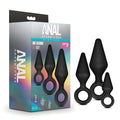 Anal adventures platinum silicone loop plug kit with three black silicone tapered tip plugs in varying sizes