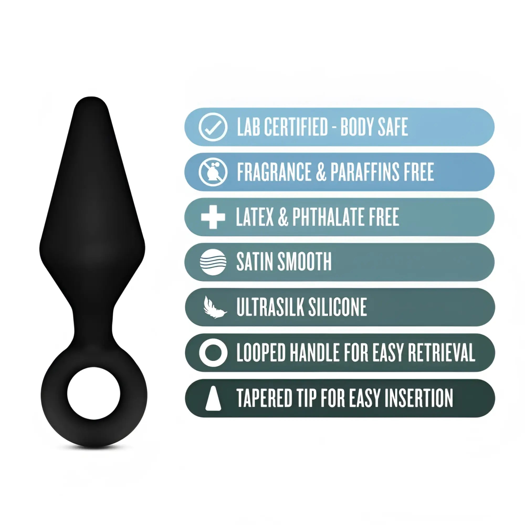 Black ultrasilk silicone anal plug with looped handle and tapered tip from anal adventures platinum silicone loop plug kit
