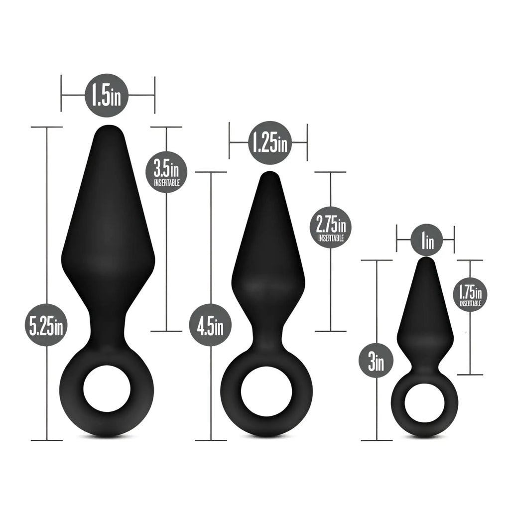 Set of three black silicone anal plugs with rings at the base in varying sizes from anal adventures platinum kit