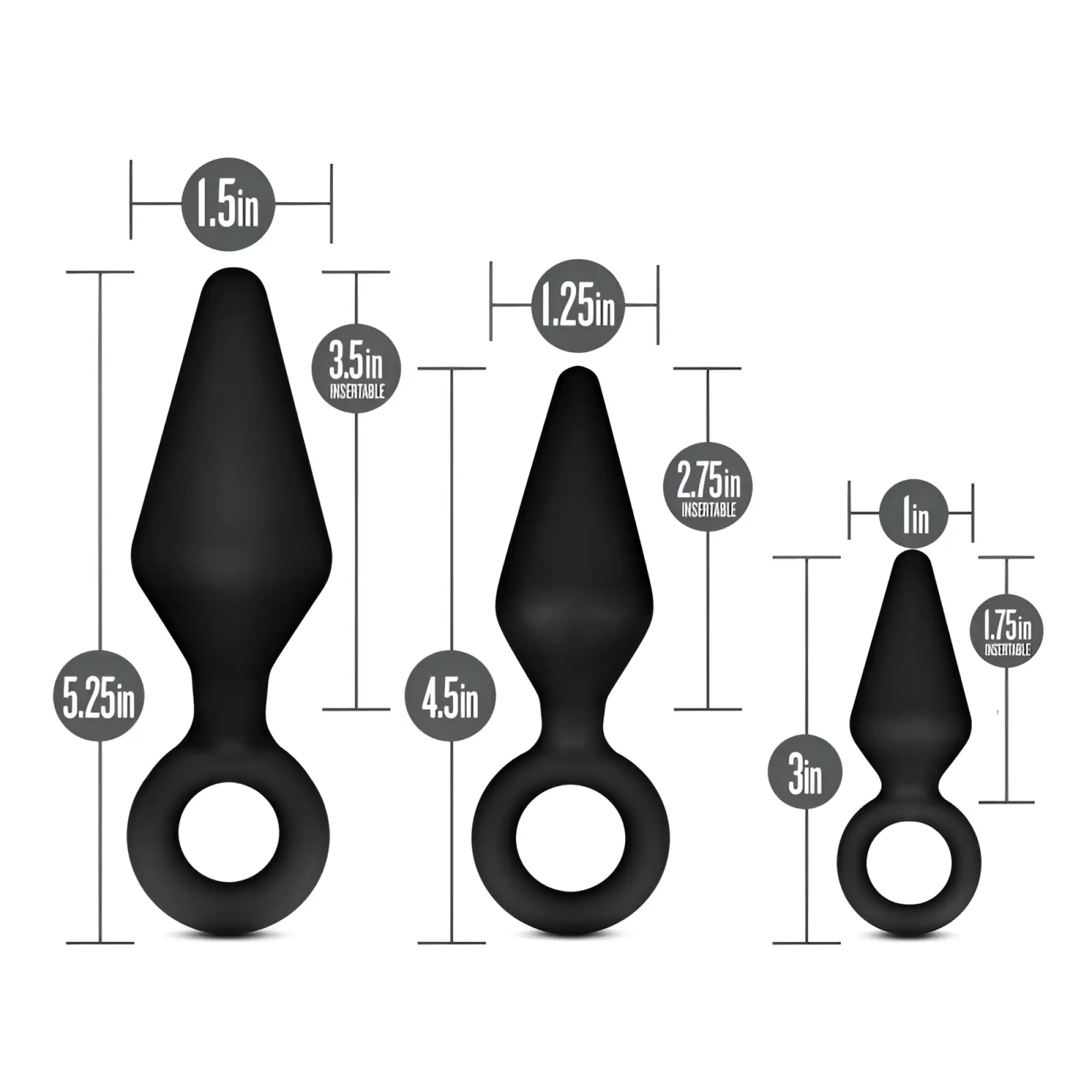 Set of three black silicone anal plugs with rings at the base in varying sizes from anal adventures platinum kit