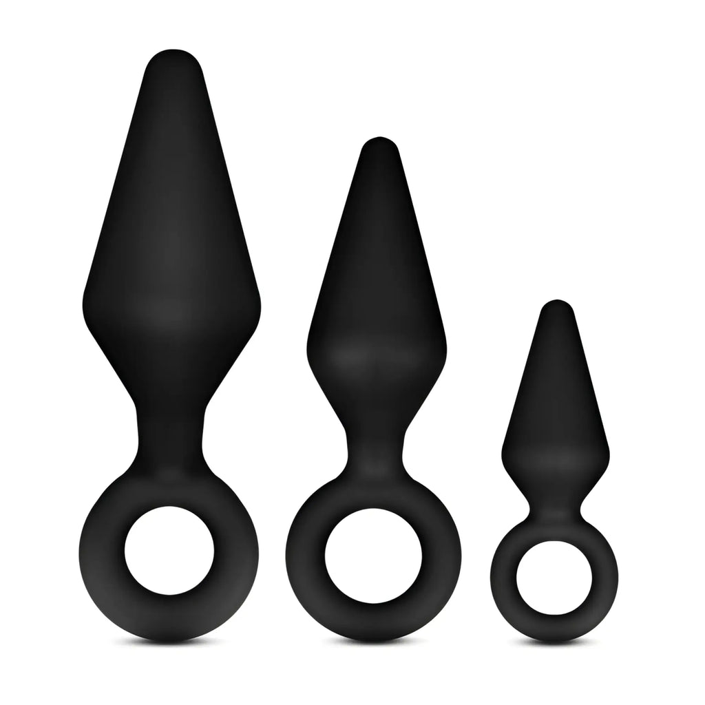 Set of three black silicone anal plugs with tapered tips and circular rings from anal adventures platinum kit