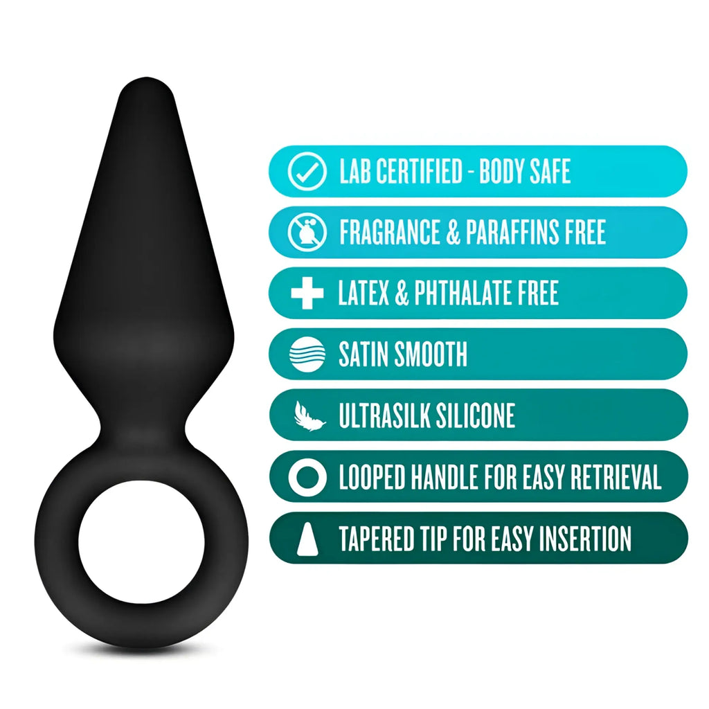 Black ultrasilk silicone anal plug with looped handle and tapered tip from Anal Adventures Platinum Silicone Anal Loop Plug Small