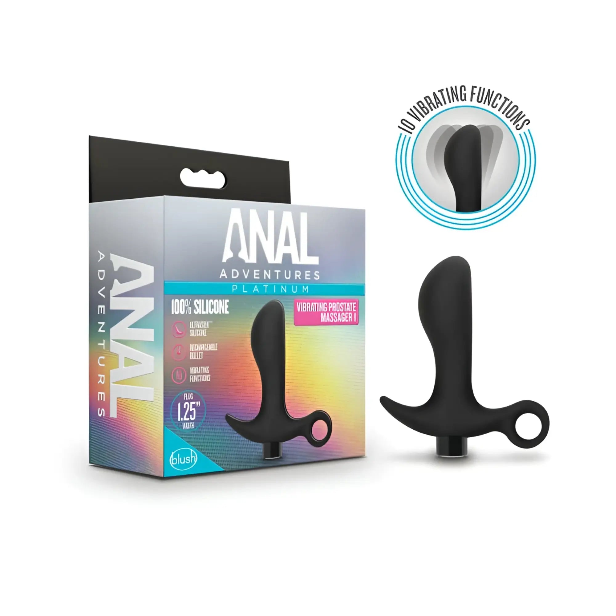Black silicone vibrating prostate massager with ergonomic looped handle anal adventures platinum by blush