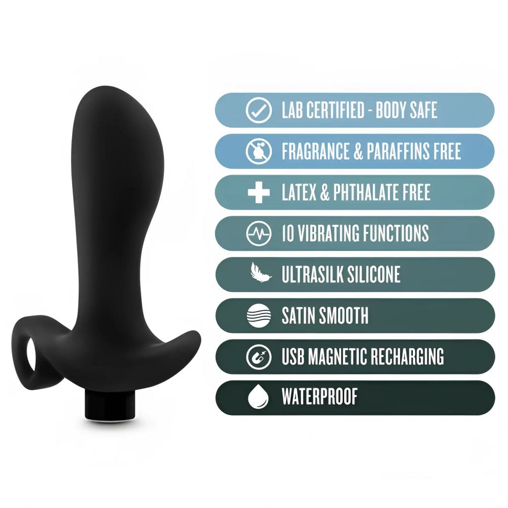 Black sleek usb magnetic recharging vibrating anal massager made of ultrasilk silicone with satin smooth finish