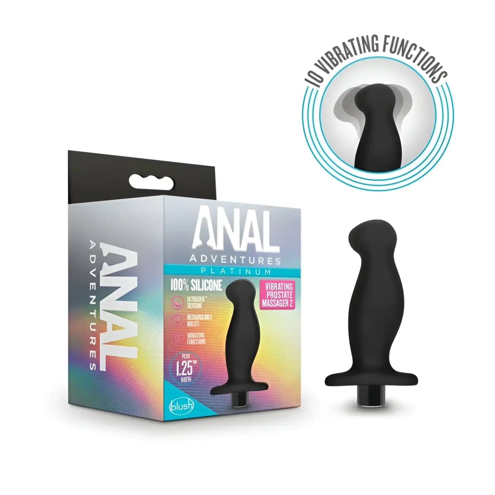 Black 100 percent silicone vibrating prostate massager with sleek ergonomic design and flat base for stability.