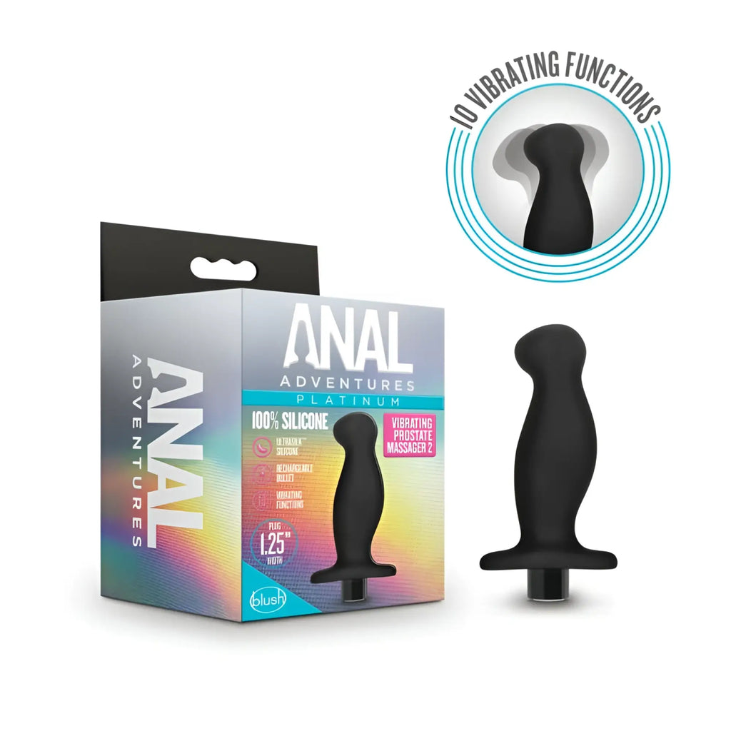 Black 100 percent silicone vibrating prostate massager with sleek ergonomic design and flat base for stability by anal adventures