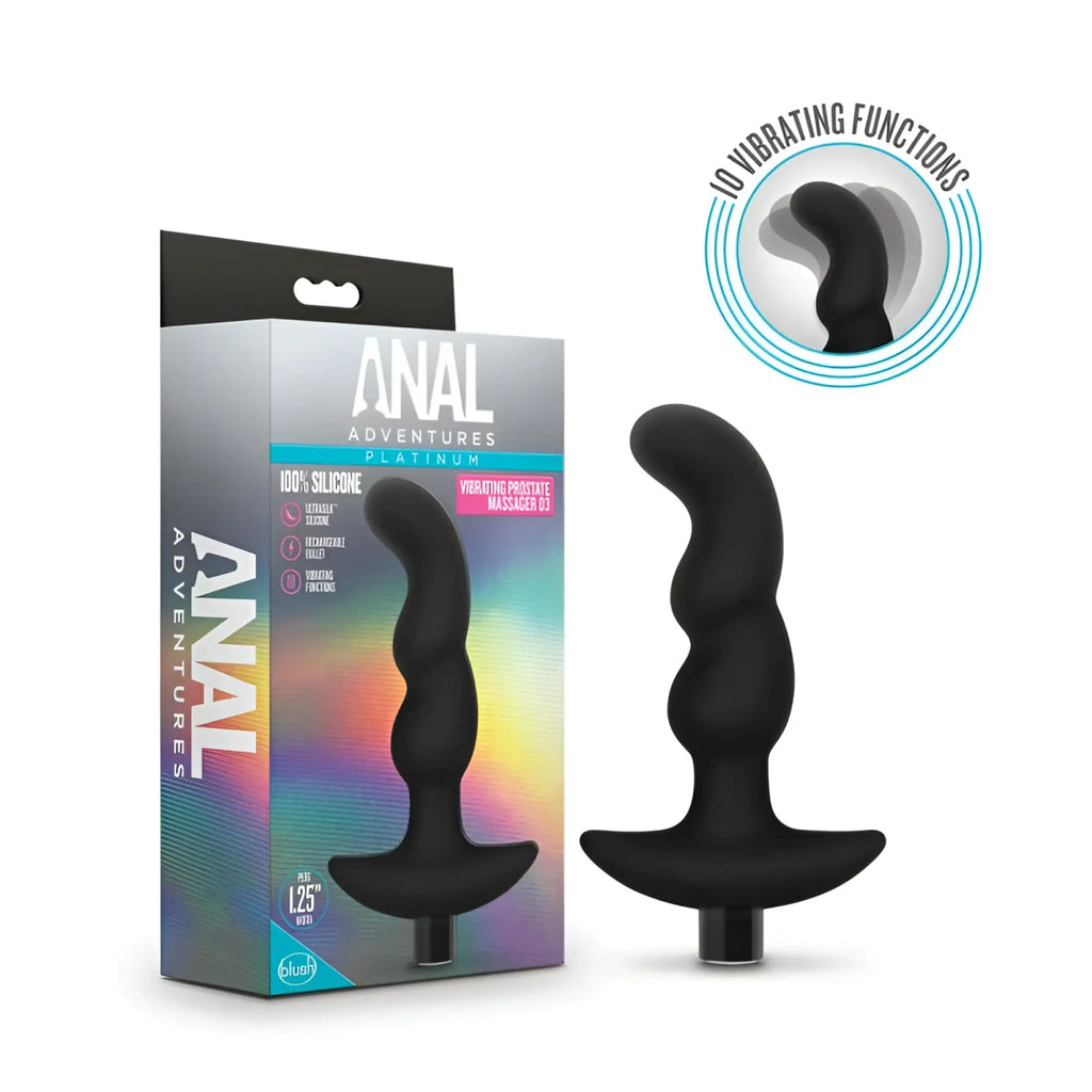 Black silicone anal vibrator with curved segmented design and flat base from anal adventures platinum prostate massager 03