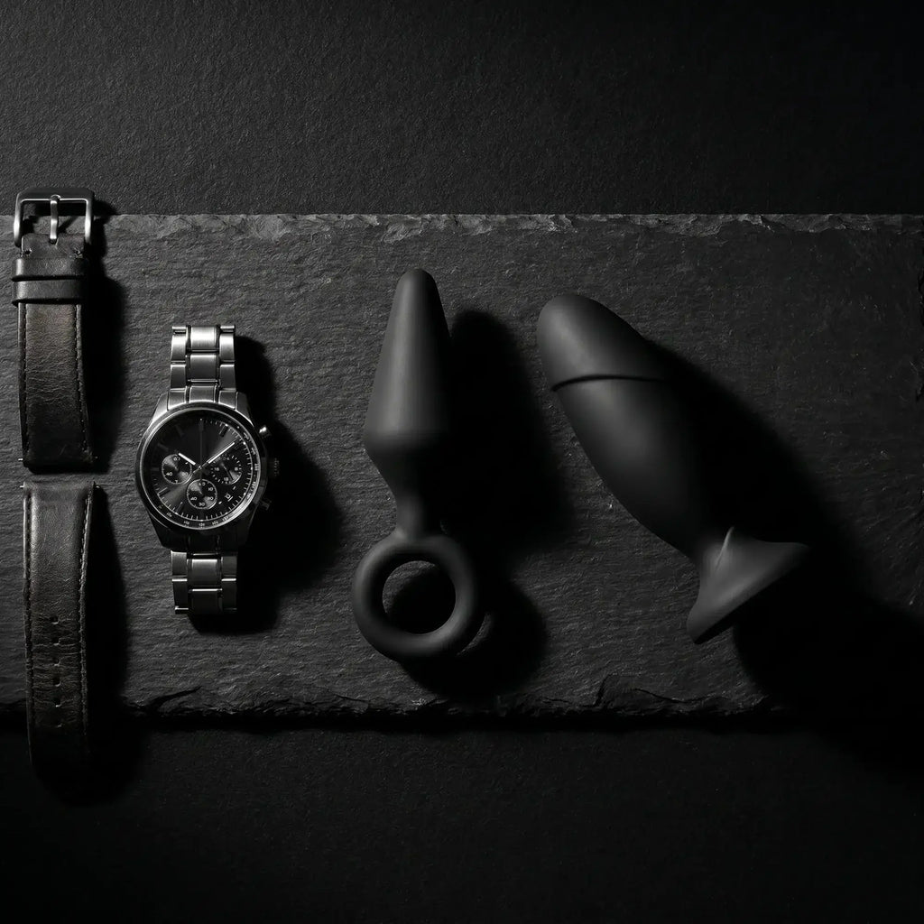 Anal Adventures black silicone anal plugs on dark slate with leather strap, masculine luxury editorial flat lay
