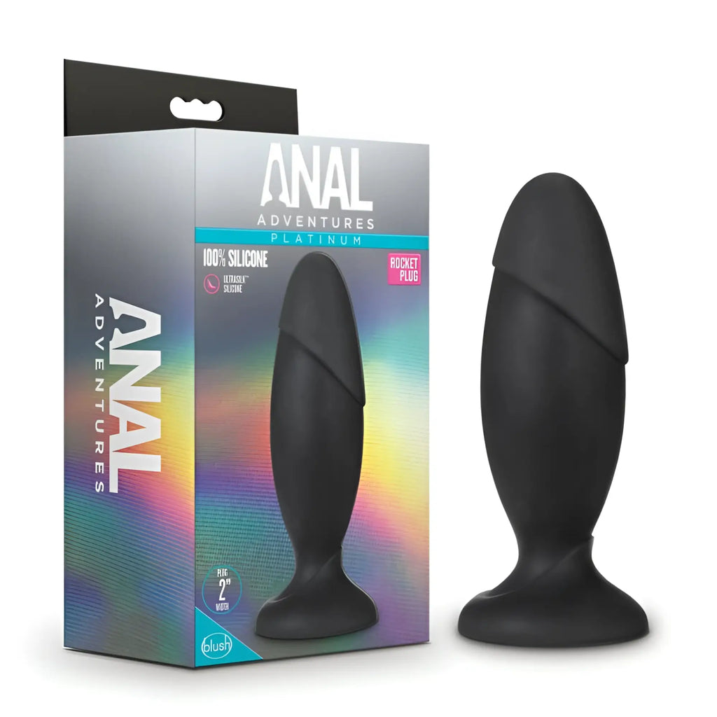 Black silicone anal plug with sleek tapered design and flared base from anal adventures platinum silicone rocket plug