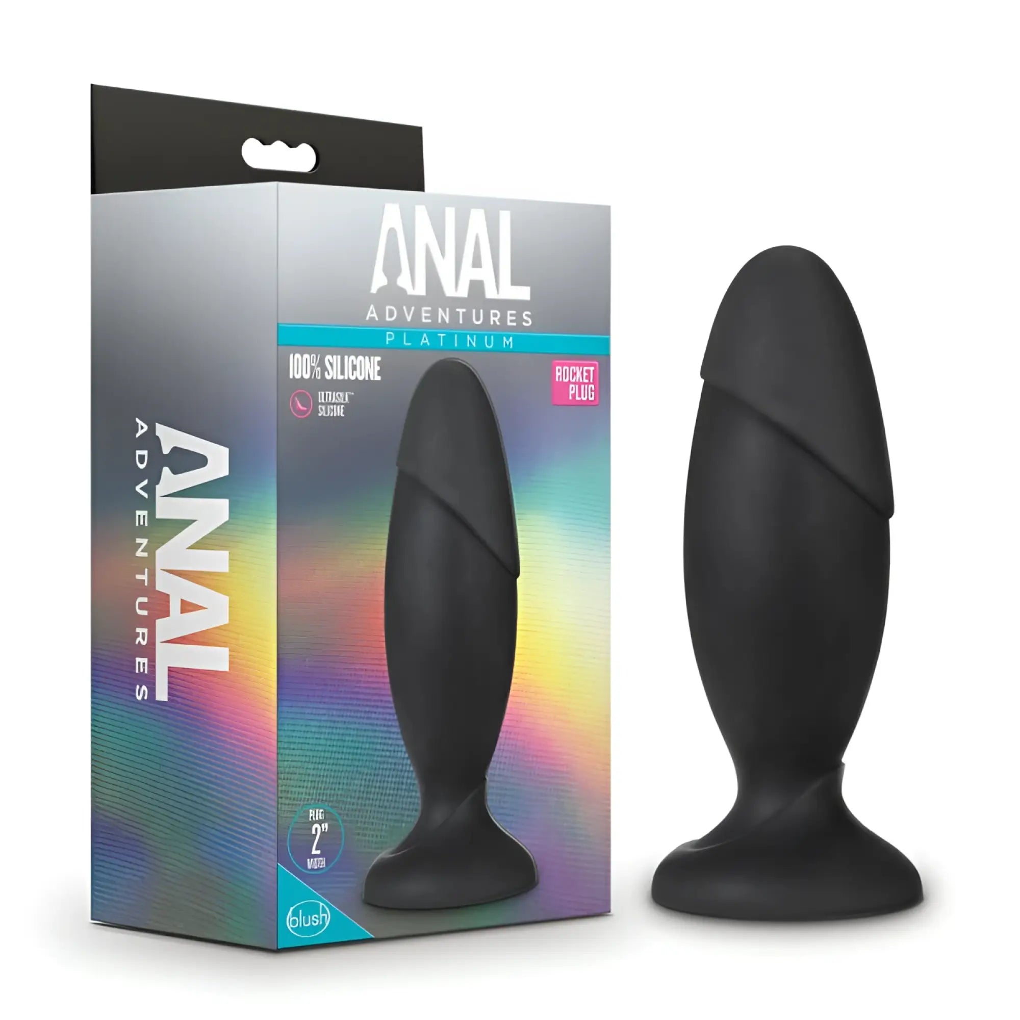 Black silicone anal plug with sleek tapered design and flared base from anal adventures platinum silicone rocket plug