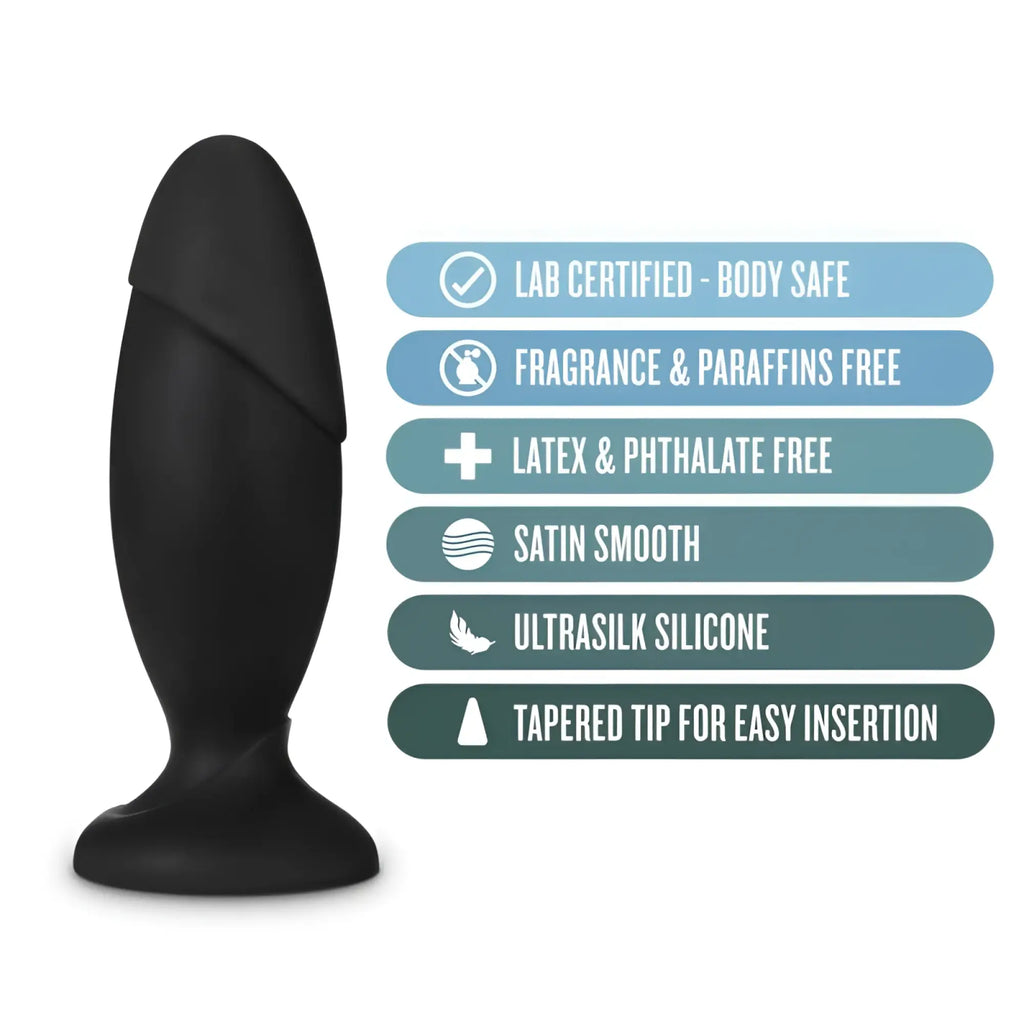 Black ultrasilk silicone anal plug with tapered tip and satin smooth surface from anal adventures platinum rocket plug