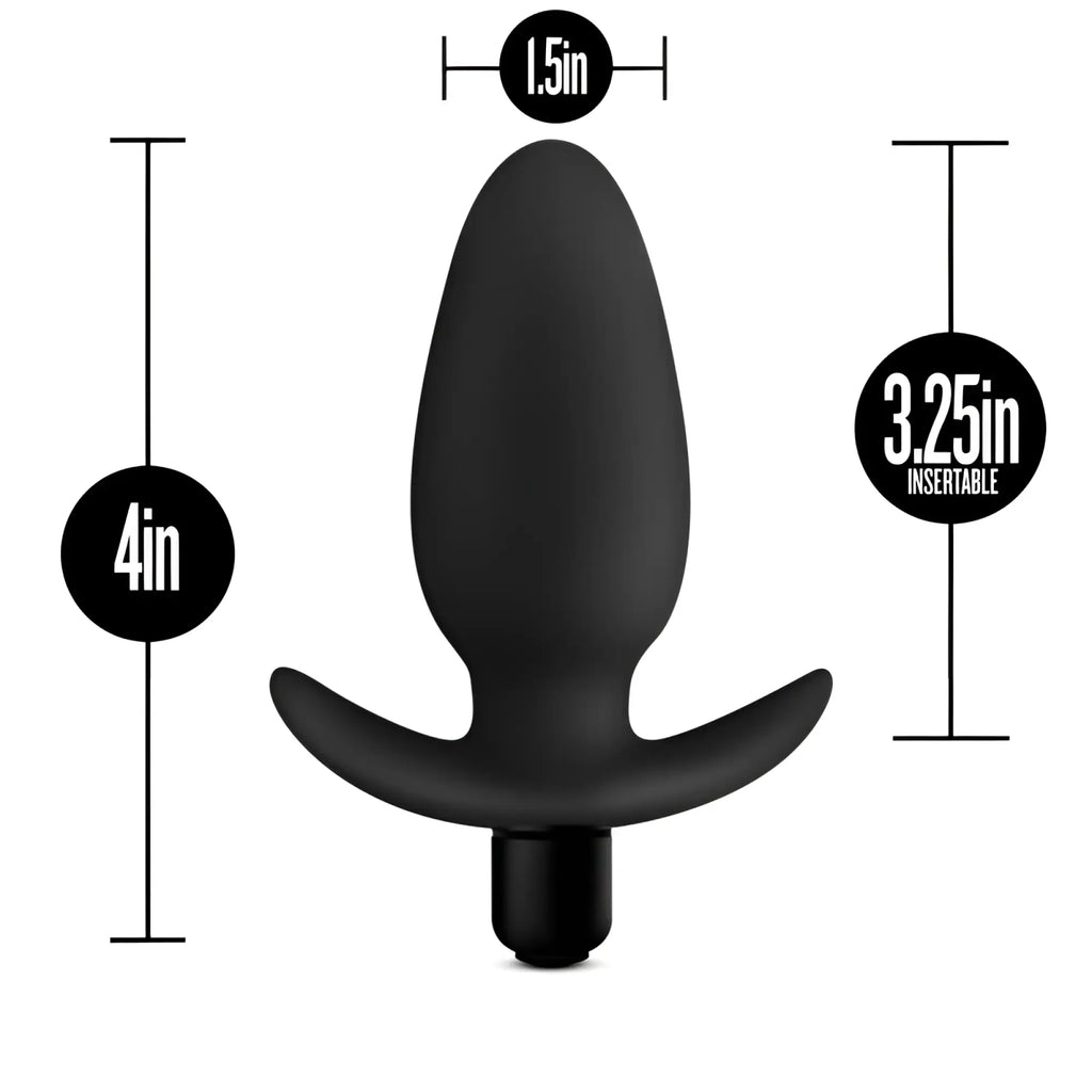 Black silicone anal plug with flared base and tapered tip measuring 4 inches from anal adventures platinum line