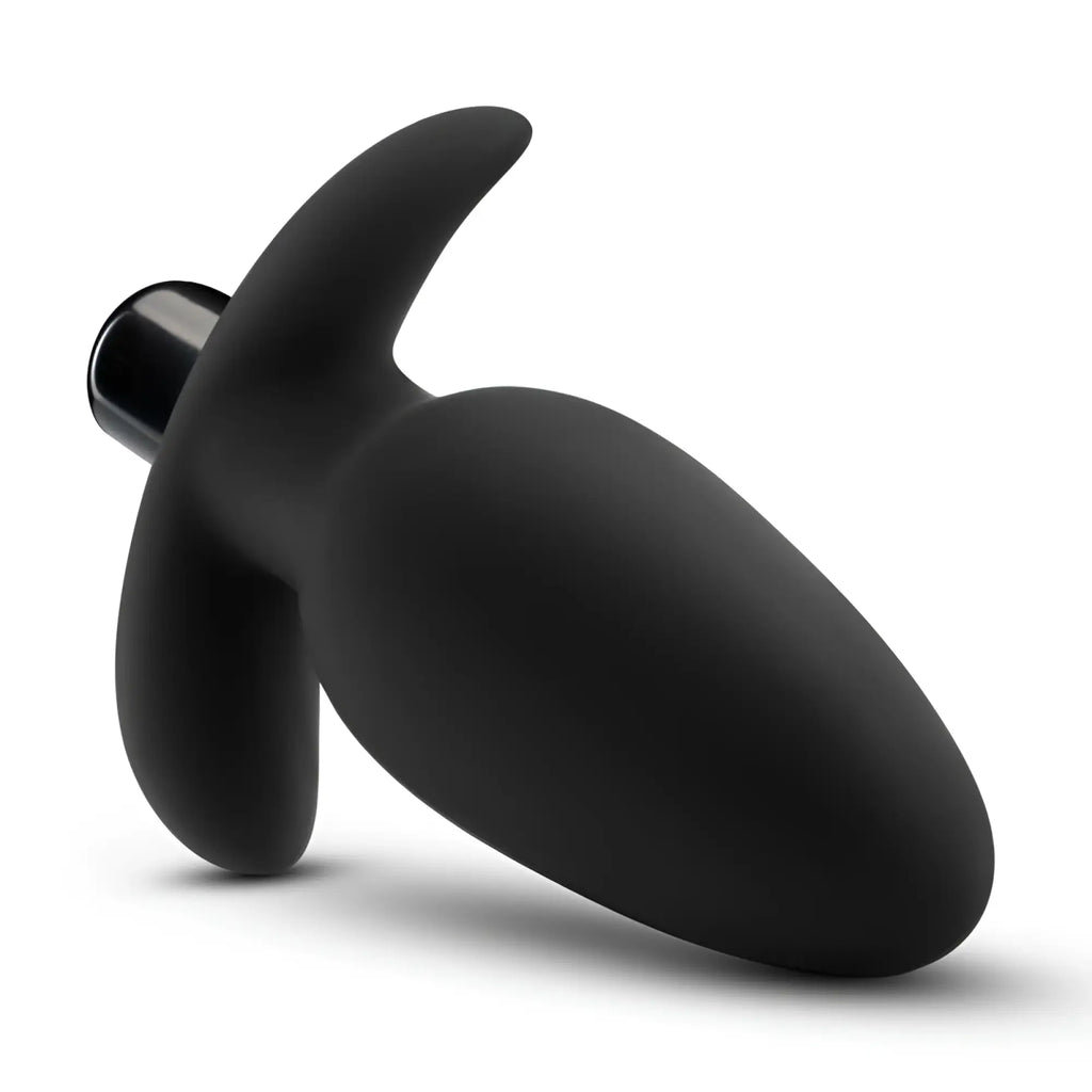 Black silicone anal plug with sleek ergonomic design and metallic silver tip from anal adventures platinum series