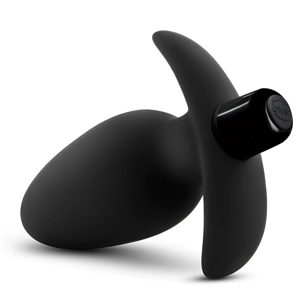 Black silicone anal plug with sleek ergonomic design and textured grip cap featuring blue brand logo from Anal Adventures