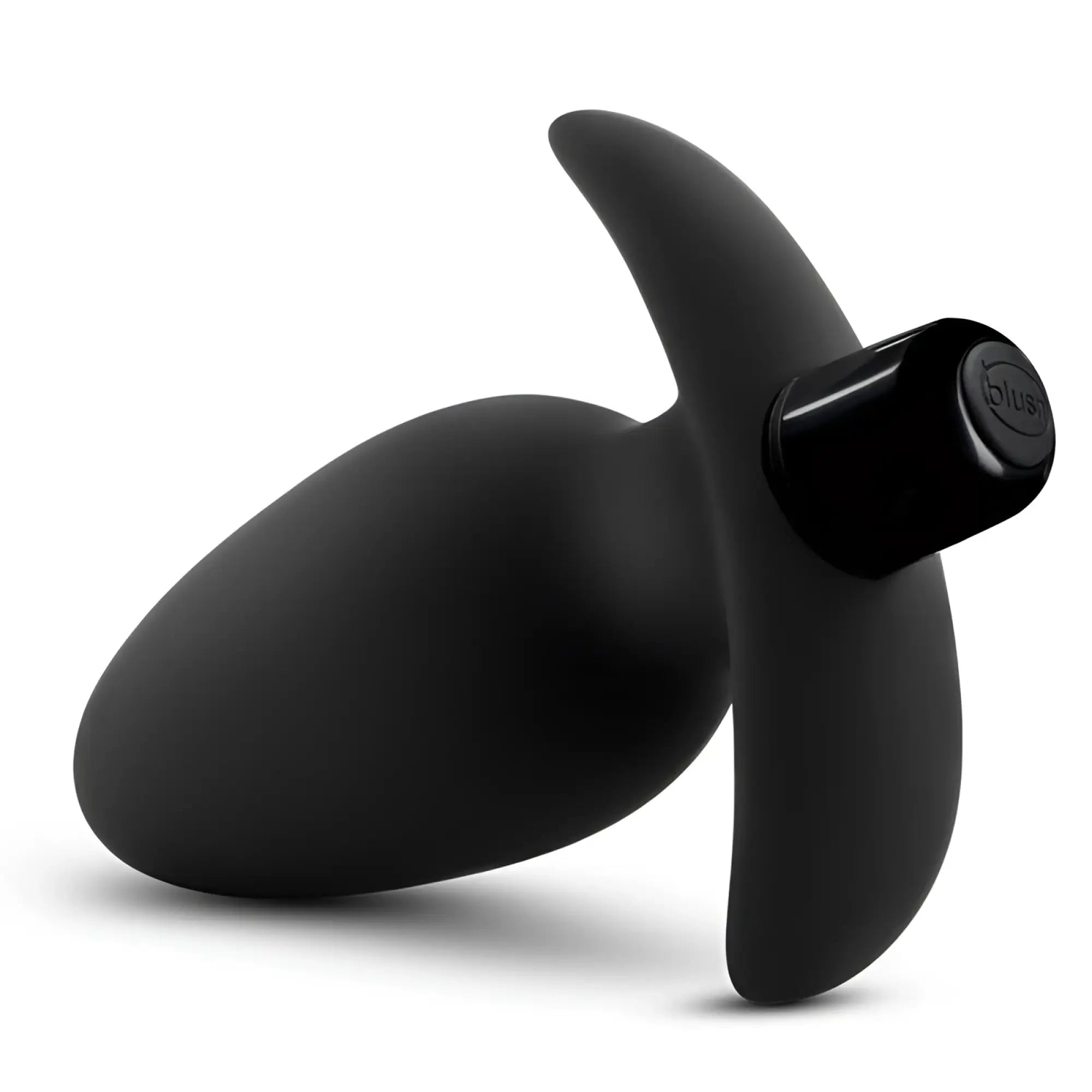 Black silicone anal plug with sleek ergonomic design and textured grip cap featuring blue brand logo from Anal Adventures