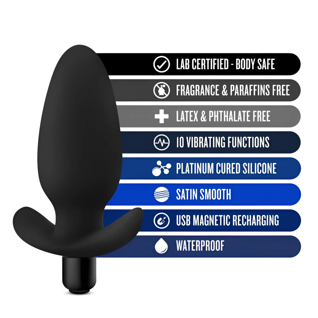 Black sleekly curved anal adventures platinum silicone saddle plug with satin smooth finish and usb magnetic recharge