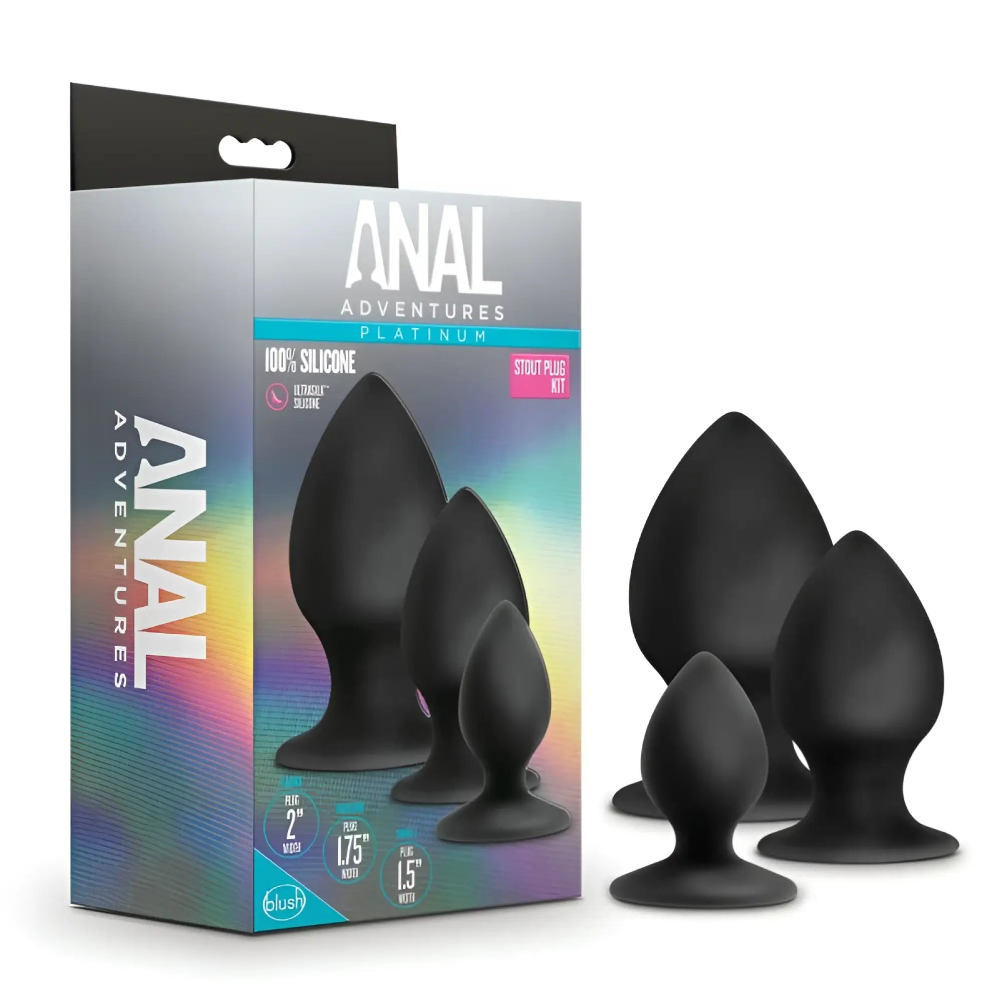 Black silicone anal plugs in varying sizes from blush anal adventures platinum stout plug kit