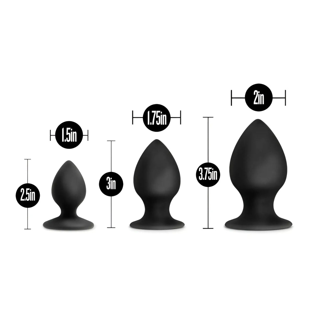 Set of four black silicone anal plugs in varying sizes from anal adventures platinum silicone anal stout plug kit